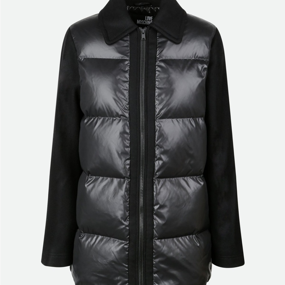 Love Moschino Black Quilted Puffer Coat with Contrasting Sleeves